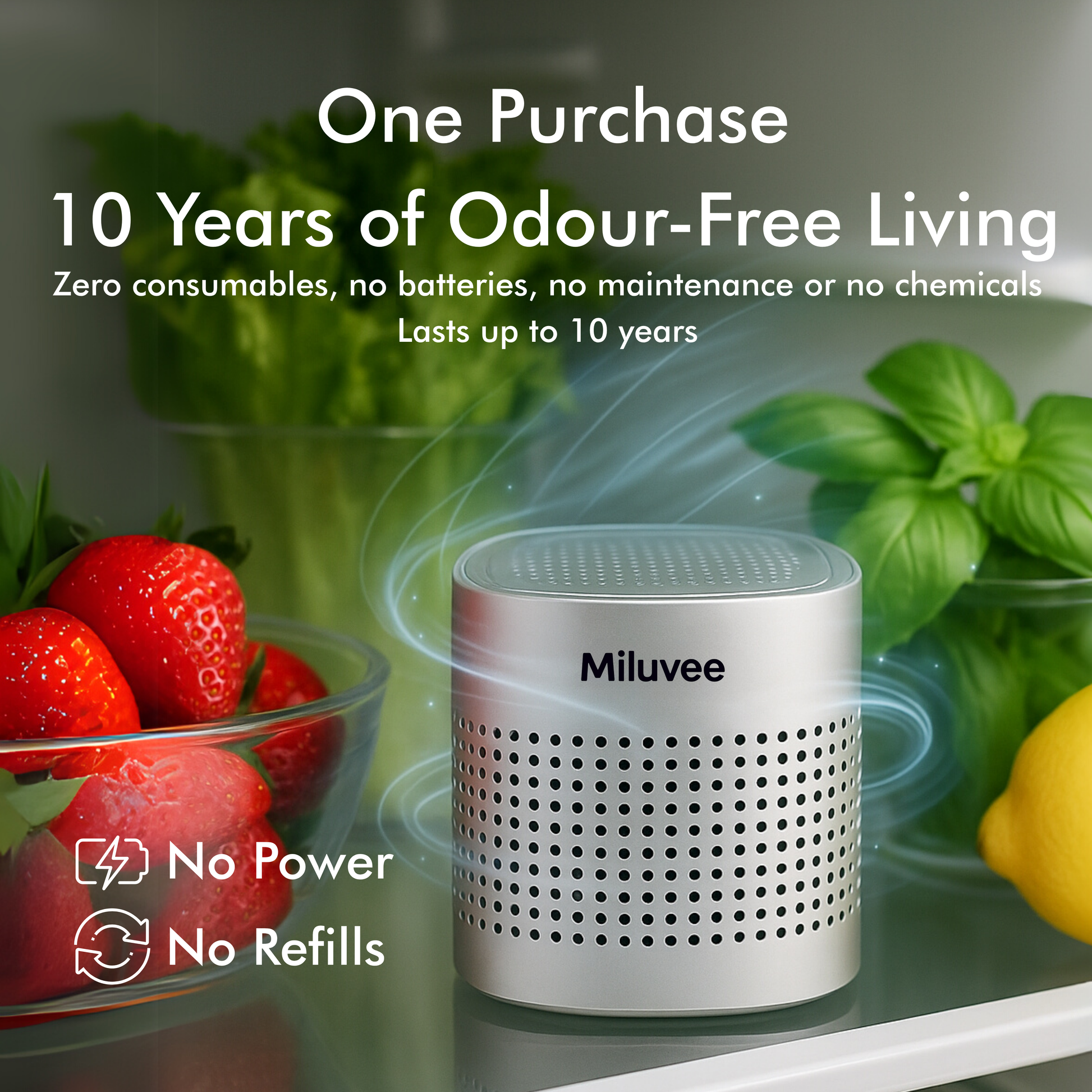 Miluvee Premium fridge deodorizer in a fridge for the fresh air with no power, no refills, lasts up to 10 years