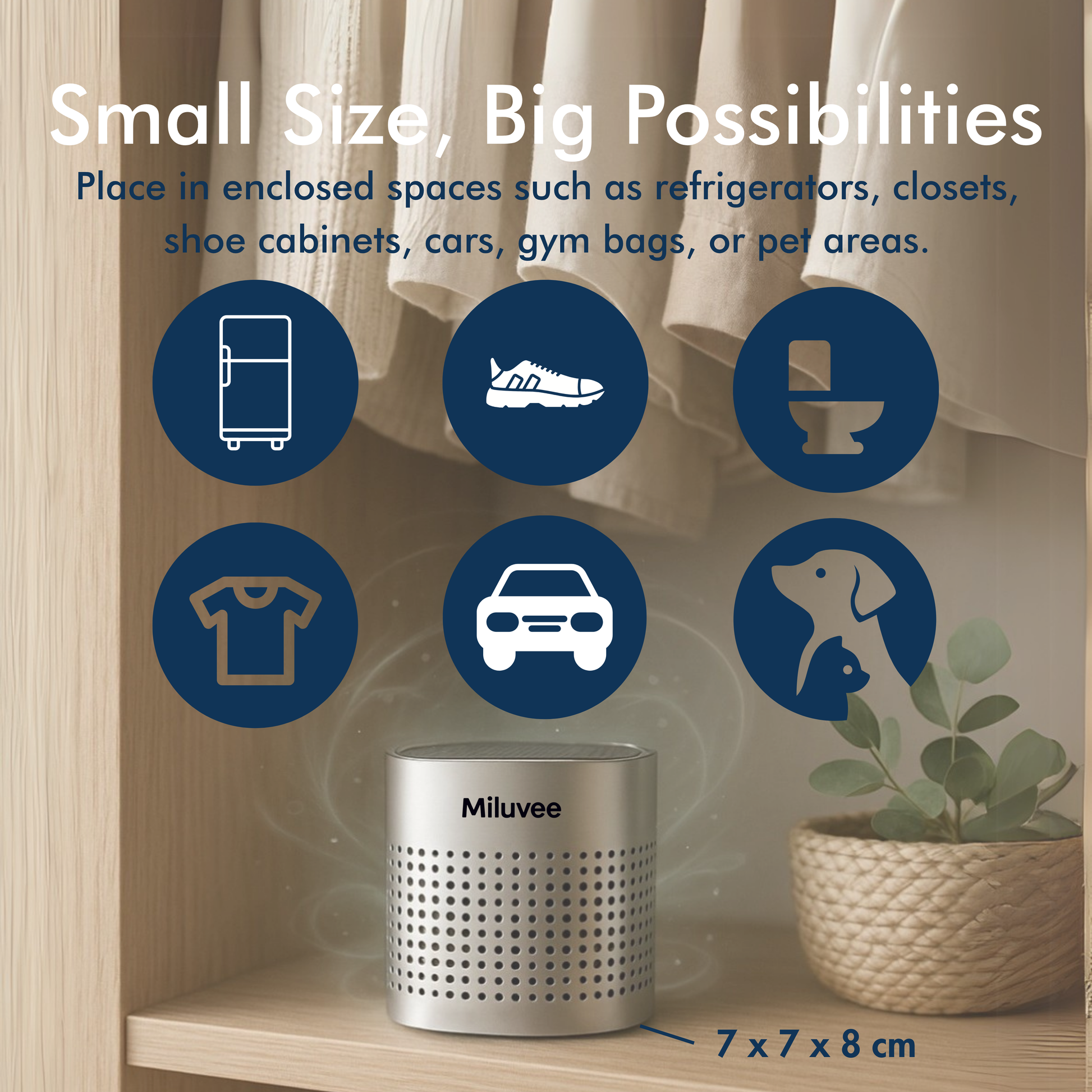 Miluvee Premium odour removal box places in fridge, car, shoe cabinet, toilet, closet, and pet area